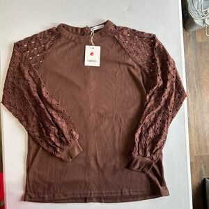 Miholl Top Lace‎ Eyelet Sleeve XL Brown Women